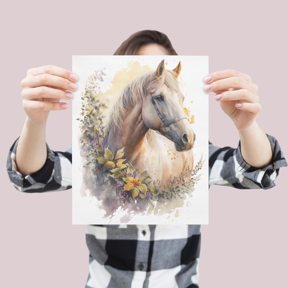 Watercolor Cute Floral White Horse Wall Art Illustration Print Poster Unframed - Picture 4 of 6